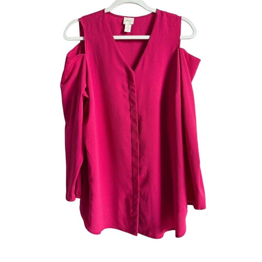 CHICO'S Women’s Size 2 (M) Cold Shoulder Button Front Top Blouse Raspberry Rush